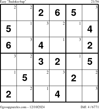 The grouppuzzles.com Easy Sudoku-6up puzzle for Tuesday December 10, 2024 with the first 3 steps marked