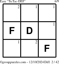 The grouppuzzles.com Easy TicTac-DEF puzzle for Tuesday December 10, 2024 with the first 2 steps marked