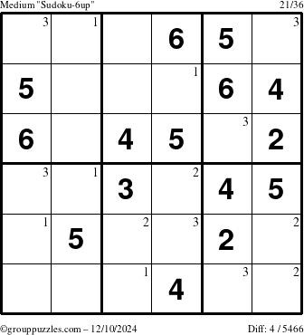 The grouppuzzles.com Medium Sudoku-6up puzzle for Tuesday December 10, 2024 with the first 3 steps marked