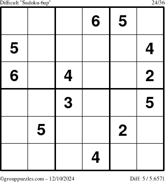 The grouppuzzles.com Difficult Sudoku-6up puzzle for Tuesday December 10, 2024