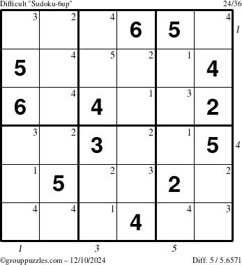 The grouppuzzles.com Difficult Sudoku-6up puzzle for Tuesday December 10, 2024 with all 5 steps marked