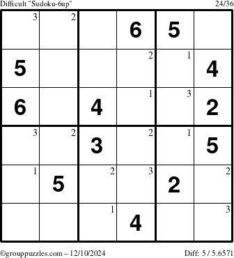 The grouppuzzles.com Difficult Sudoku-6up puzzle for Tuesday December 10, 2024 with the first 3 steps marked