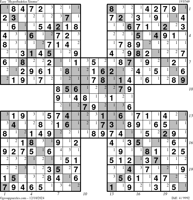 The grouppuzzles.com Easy HyperSudoku-Xtreme puzzle for Tuesday December 10, 2024 with all 4 steps marked