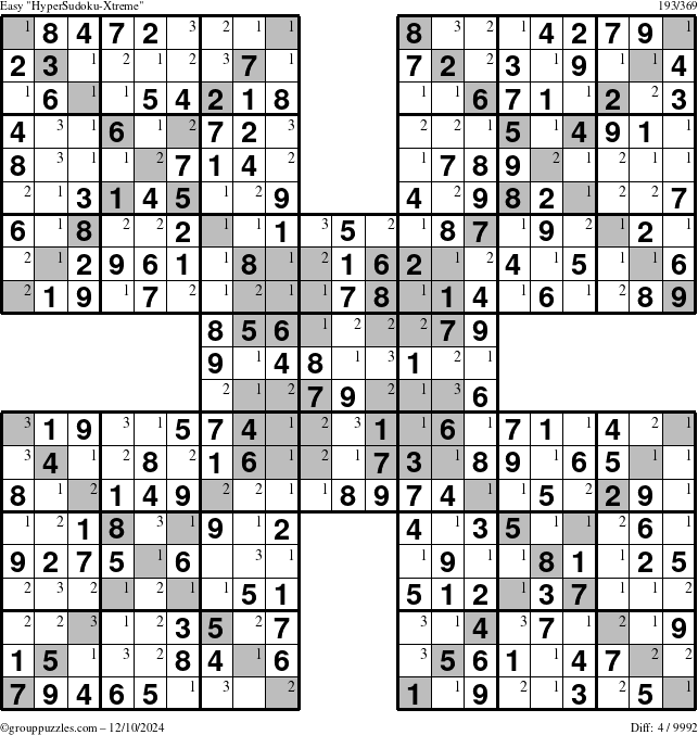 The grouppuzzles.com Easy HyperSudoku-Xtreme puzzle for Tuesday December 10, 2024 with the first 3 steps marked