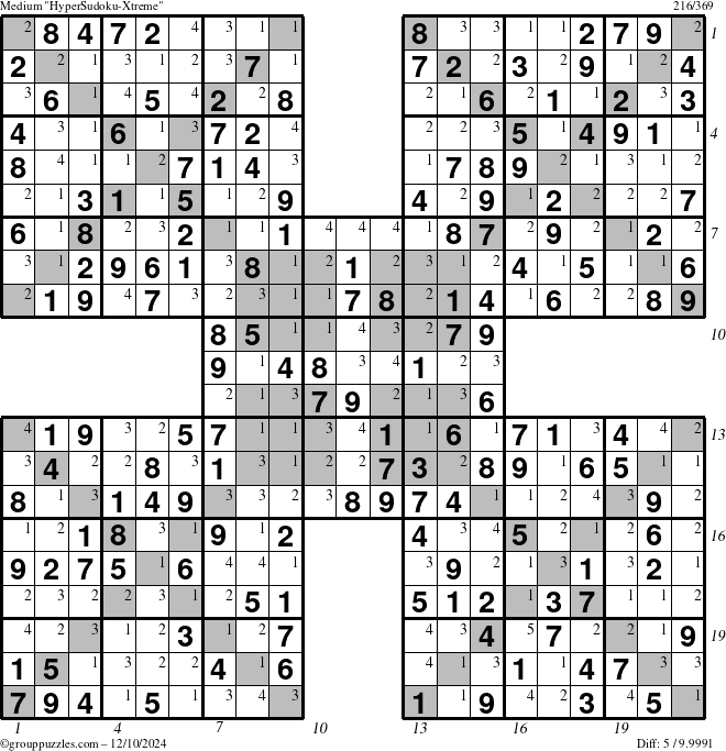 The grouppuzzles.com Medium HyperSudoku-Xtreme puzzle for Tuesday December 10, 2024 with all 5 steps marked