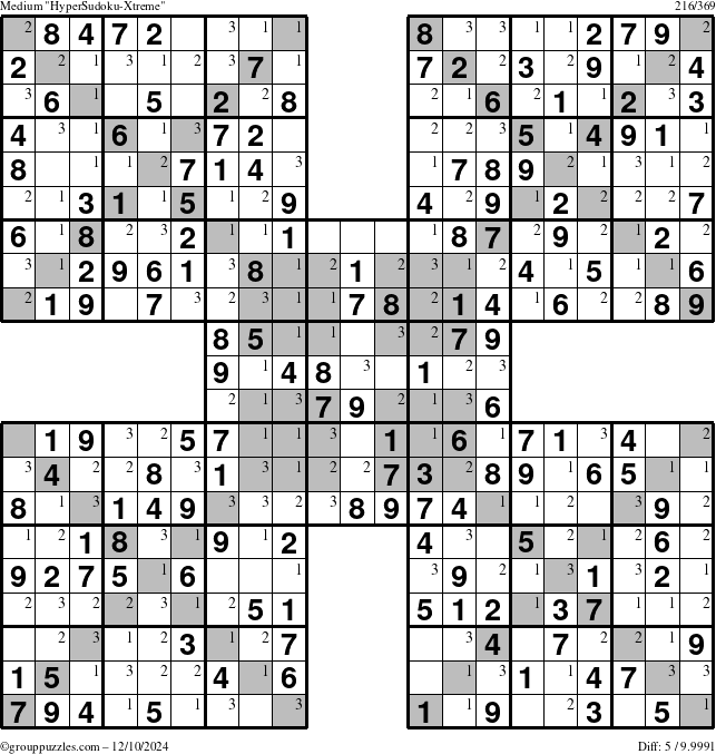 The grouppuzzles.com Medium HyperSudoku-Xtreme puzzle for Tuesday December 10, 2024 with the first 3 steps marked