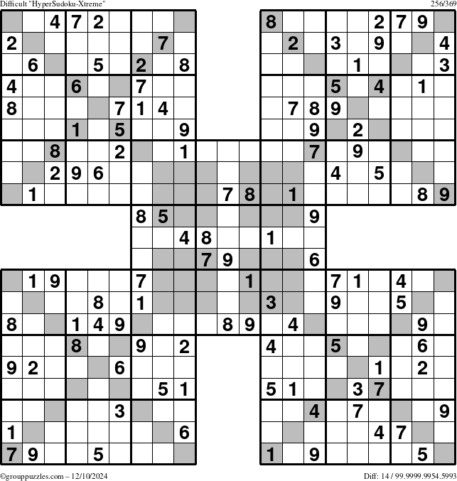 The grouppuzzles.com Difficult HyperSudoku-Xtreme puzzle for Tuesday December 10, 2024