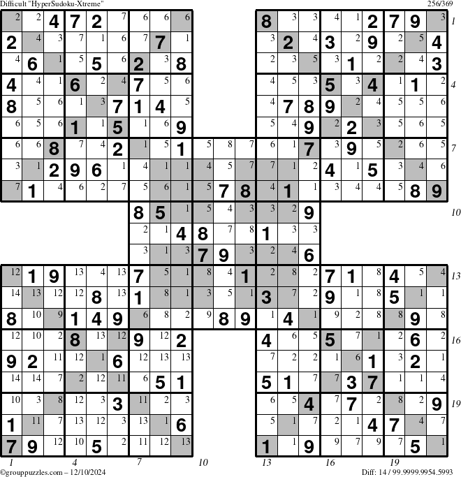 The grouppuzzles.com Difficult HyperSudoku-Xtreme puzzle for Tuesday December 10, 2024 with all 14 steps marked