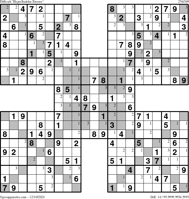 The grouppuzzles.com Difficult HyperSudoku-Xtreme puzzle for Tuesday December 10, 2024 with the first 3 steps marked