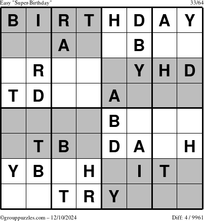 The grouppuzzles.com Easy Super-Birthday puzzle for Tuesday December 10, 2024