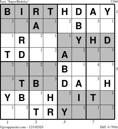 The grouppuzzles.com Easy Super-Birthday puzzle for Tuesday December 10, 2024 with all 4 steps marked