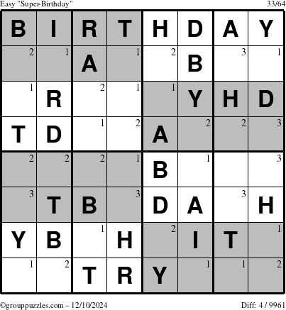 The grouppuzzles.com Easy Super-Birthday puzzle for Tuesday December 10, 2024 with the first 3 steps marked