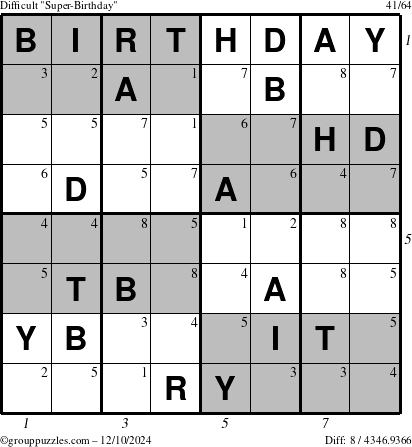 The grouppuzzles.com Difficult Super-Birthday puzzle for Tuesday December 10, 2024 with all 8 steps marked