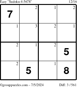 The grouppuzzles.com Easy Sudoku-4-5678 puzzle for Friday July 5, 2024 with the first 3 steps marked