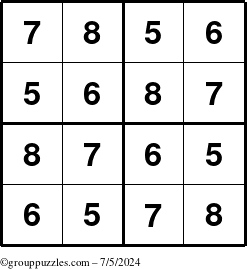 The grouppuzzles.com Answer grid for the Sudoku-4-5678 puzzle for Friday July 5, 2024