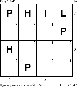 The grouppuzzles.com Easy Phil puzzle for Friday July 5, 2024 with all 3 steps marked