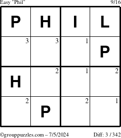 The grouppuzzles.com Easy Phil puzzle for Friday July 5, 2024 with the first 3 steps marked