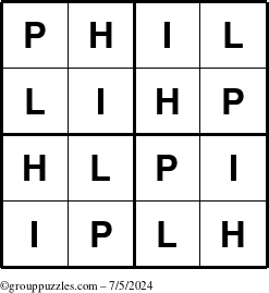 The grouppuzzles.com Answer grid for the Phil puzzle for Friday July 5, 2024