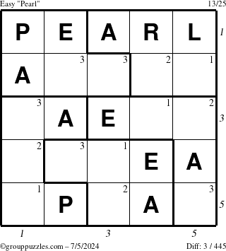 The grouppuzzles.com Easy Pearl puzzle for Friday July 5, 2024 with all 3 steps marked