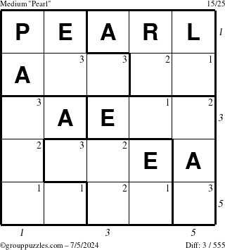 The grouppuzzles.com Medium Pearl puzzle for Friday July 5, 2024 with all 3 steps marked