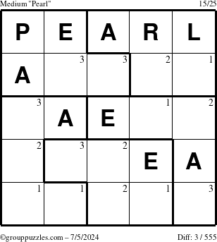 The grouppuzzles.com Medium Pearl puzzle for Friday July 5, 2024 with the first 3 steps marked