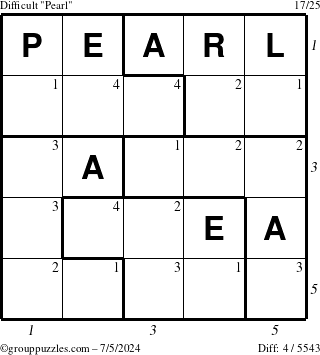 The grouppuzzles.com Difficult Pearl puzzle for Friday July 5, 2024 with all 4 steps marked