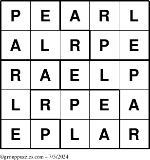 The grouppuzzles.com Answer grid for the Pearl puzzle for Friday July 5, 2024