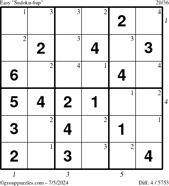 The grouppuzzles.com Easy Sudoku-6up puzzle for Friday July 5, 2024 with all 4 steps marked