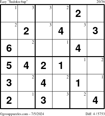 The grouppuzzles.com Easy Sudoku-6up puzzle for Friday July 5, 2024 with the first 3 steps marked