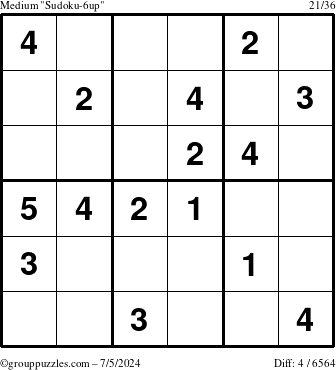 The grouppuzzles.com Medium Sudoku-6up puzzle for Friday July 5, 2024