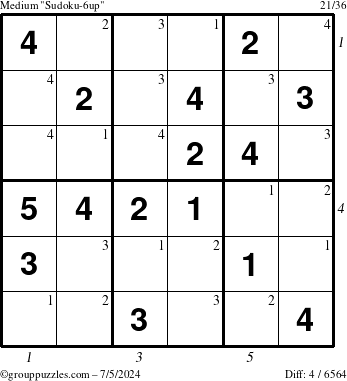 The grouppuzzles.com Medium Sudoku-6up puzzle for Friday July 5, 2024, suitable for printing, with all 4 steps marked