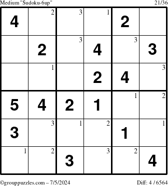 The grouppuzzles.com Medium Sudoku-6up puzzle for Friday July 5, 2024 with the first 3 steps marked