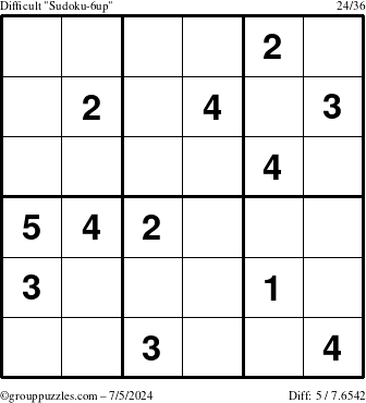 The grouppuzzles.com Difficult Sudoku-6up puzzle for Friday July 5, 2024