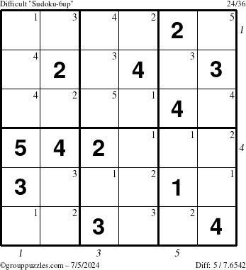 The grouppuzzles.com Difficult Sudoku-6up puzzle for Friday July 5, 2024 with all 5 steps marked