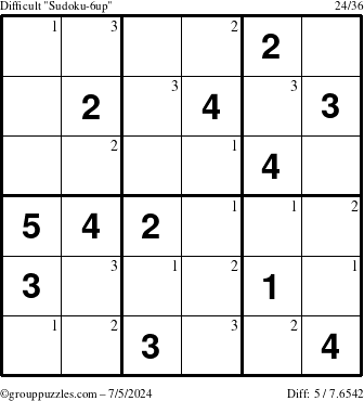 The grouppuzzles.com Difficult Sudoku-6up puzzle for Friday July 5, 2024 with the first 3 steps marked