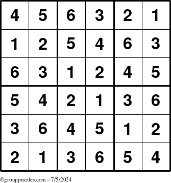 The grouppuzzles.com Answer grid for the Sudoku-6up puzzle for Friday July 5, 2024