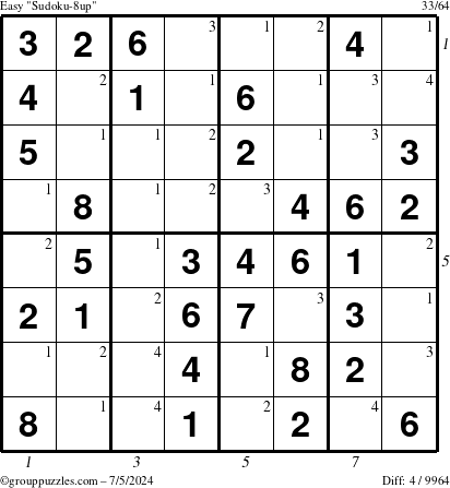 The grouppuzzles.com Easy Sudoku-8up puzzle for Friday July 5, 2024 with all 4 steps marked