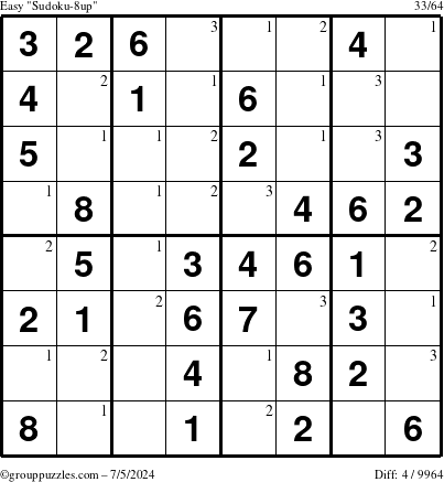 The grouppuzzles.com Easy Sudoku-8up puzzle for Friday July 5, 2024 with the first 3 steps marked