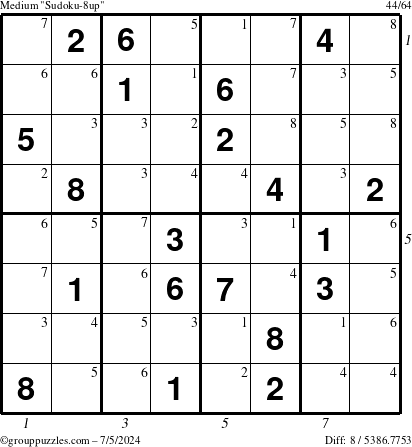 The grouppuzzles.com Medium Sudoku-8up puzzle for Friday July 5, 2024 with all 8 steps marked