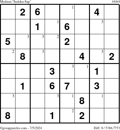 The grouppuzzles.com Medium Sudoku-8up puzzle for Friday July 5, 2024 with the first 3 steps marked