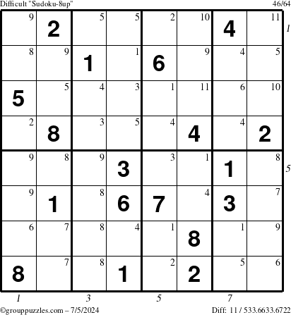 The grouppuzzles.com Difficult Sudoku-8up puzzle for Friday July 5, 2024 with all 11 steps marked