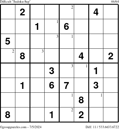 The grouppuzzles.com Difficult Sudoku-8up puzzle for Friday July 5, 2024 with the first 3 steps marked