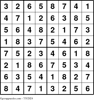 The grouppuzzles.com Answer grid for the Sudoku-8up puzzle for Friday July 5, 2024