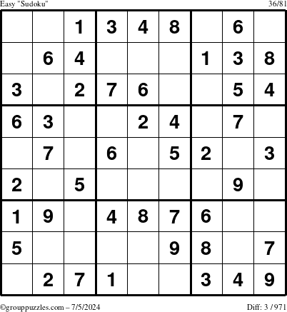 The grouppuzzles.com Easy Sudoku puzzle for Friday July 5, 2024