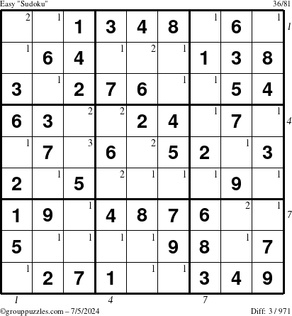 The grouppuzzles.com Easy Sudoku puzzle for Friday July 5, 2024 with all 3 steps marked