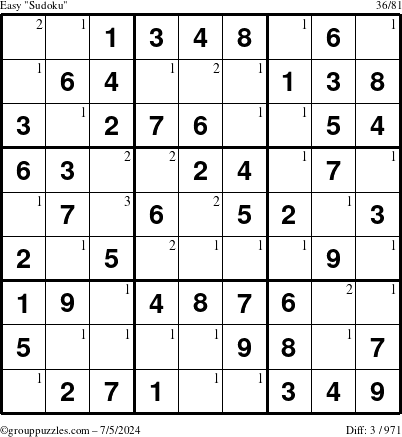 The grouppuzzles.com Easy Sudoku puzzle for Friday July 5, 2024 with the first 3 steps marked