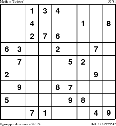 The grouppuzzles.com Medium Sudoku puzzle for Friday July 5, 2024