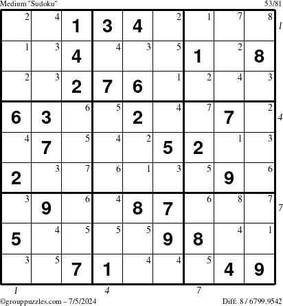 The grouppuzzles.com Medium Sudoku puzzle for Friday July 5, 2024 with all 8 steps marked