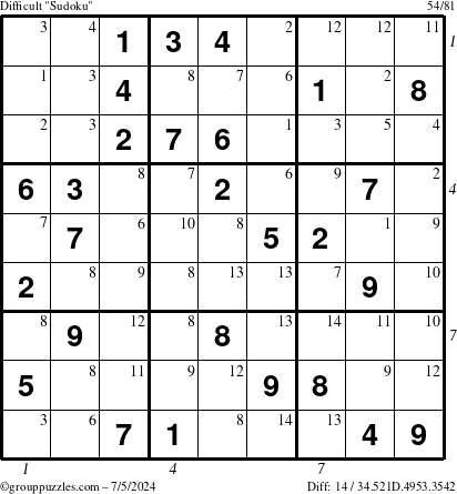 The grouppuzzles.com Difficult Sudoku puzzle for Friday July 5, 2024 with all 14 steps marked