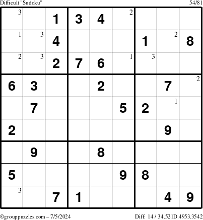 The grouppuzzles.com Difficult Sudoku puzzle for Friday July 5, 2024 with the first 3 steps marked